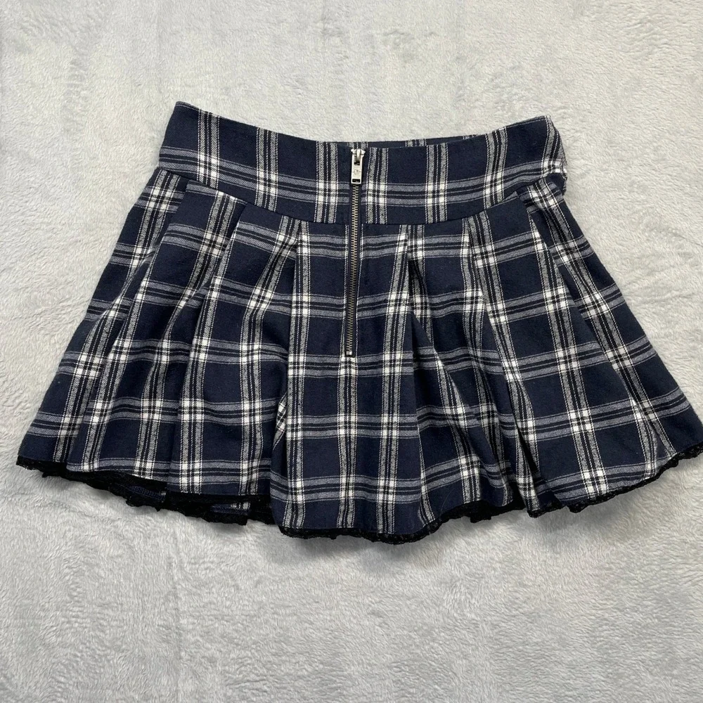 Current Mood Mini Skirt Women Large Blue Plaid Pleated Lace Trim Drop Waist Zip